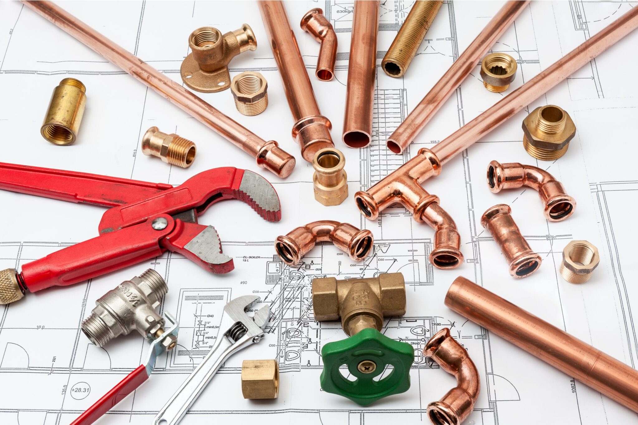 Copper pipes, fittings, valves, and plumbing tools in Melbourne