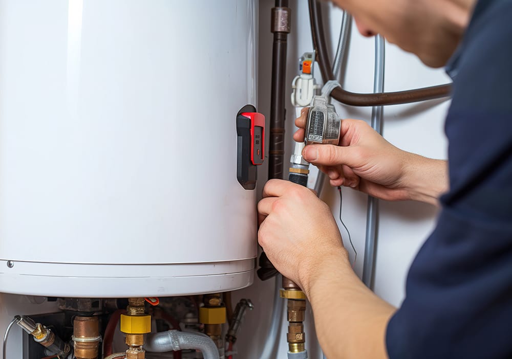 Technician repairing pipes connected to a water heater in Melbourne